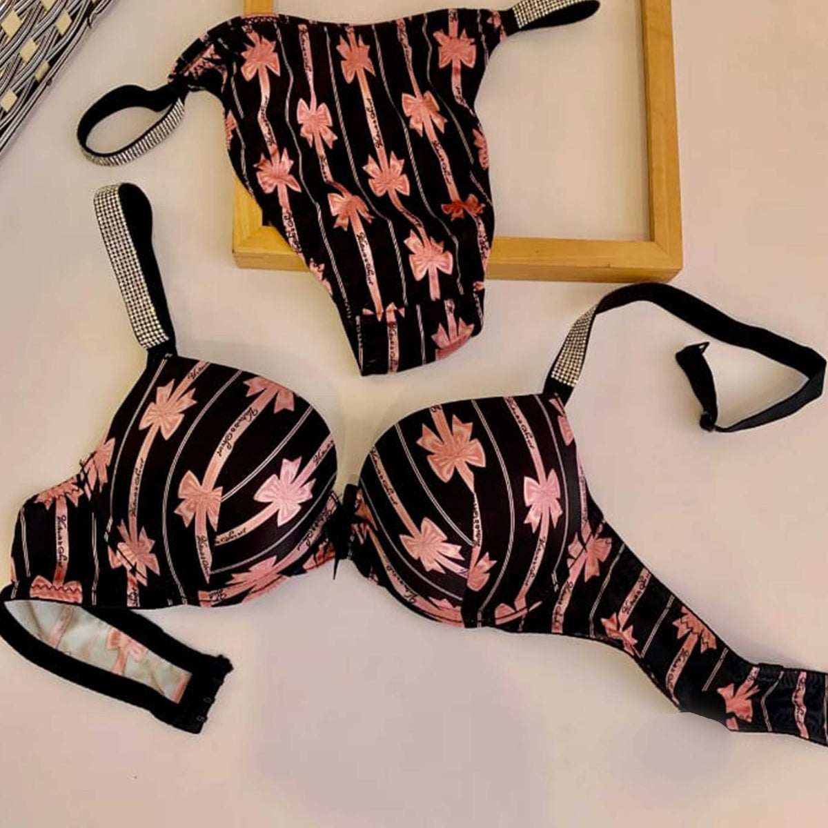 Victoria Stylish Secret Hearts Printed Push-Up Bra Set for Women – Black & Pink | Size 34
