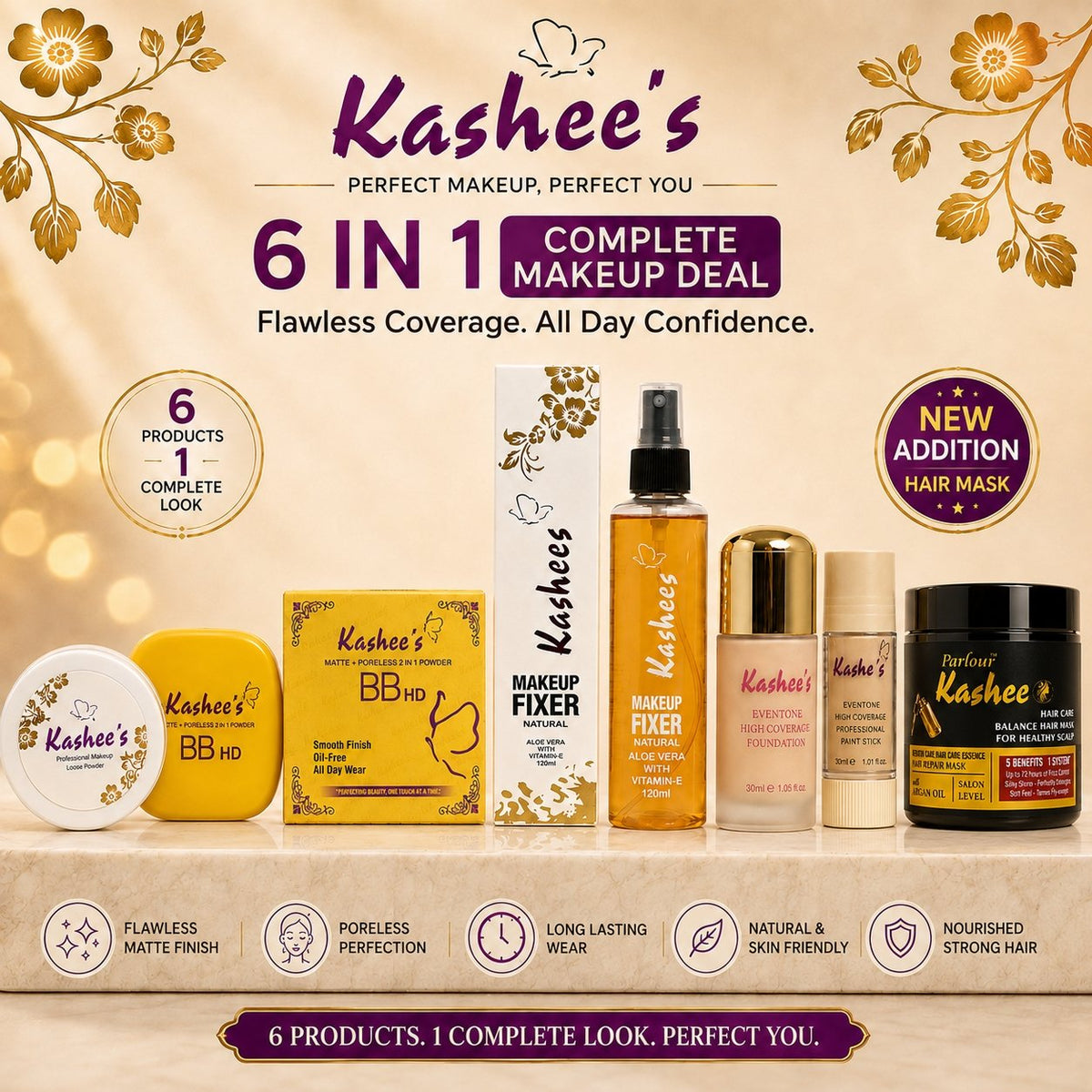 Kashee's 6 In 1 Foundation, Fixer, Face Powder, Loose Powder, Hair Mask And Paint Stick Deal, Pack Of 6
