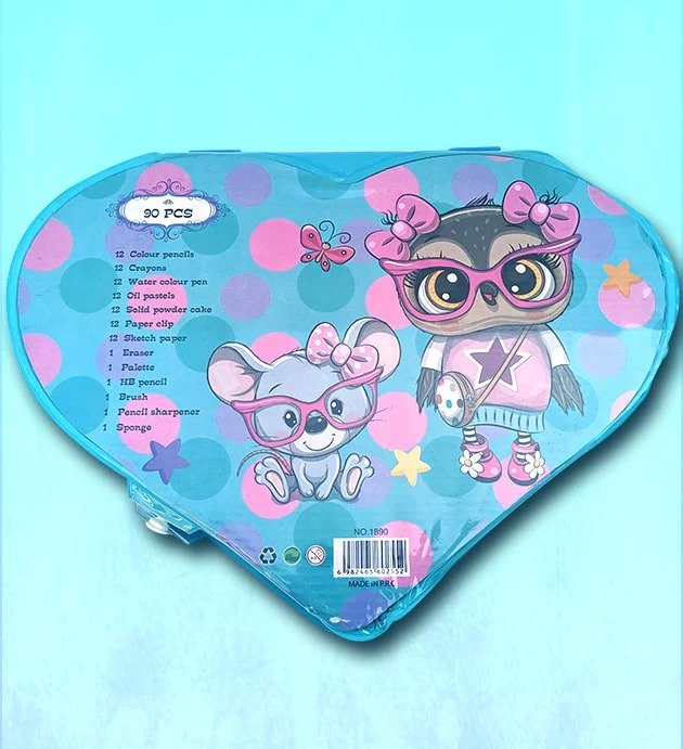 90 Pcs Heart Shape Colour Kit Painting Set For Kids With Colour Pencils Crayons And Art Accessories (Random Characters)