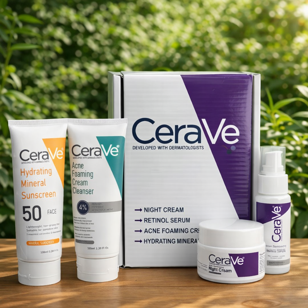 CeraVe Complete Skincare Bundle for Acne & Anti-Aging | Includes Acne Foaming Cream Cleanser, Retinol Serum, Night Cream & Hydrating Mineral Sunscreen SPF 50