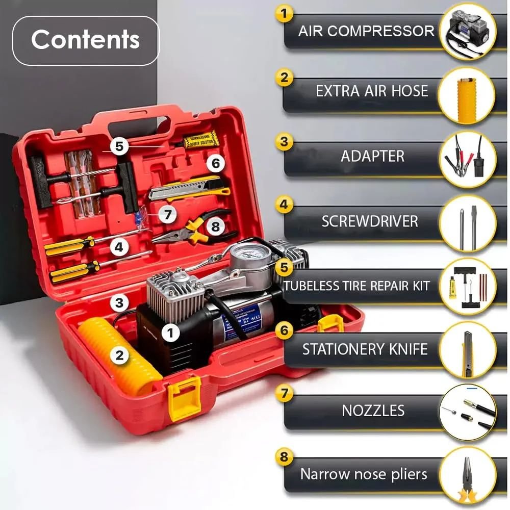 Imported Double Cylinder 12 Volt Portable Electric Car Air Pump & Repair Kit