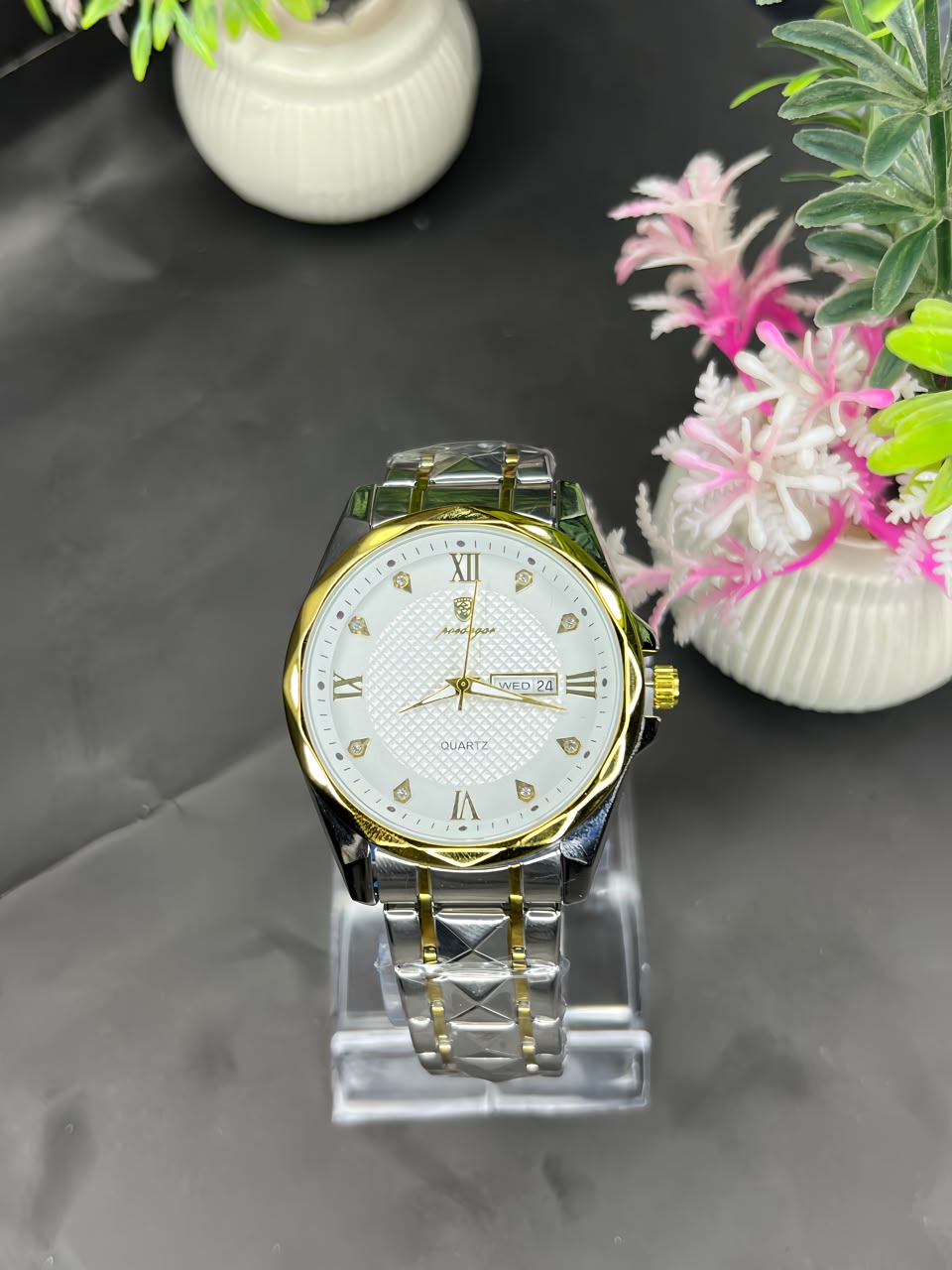 Premium Two-Tone Quartz Watch | Silver & Gold Chain Bracelet Watch for Men & Women