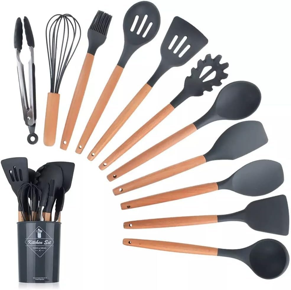 12 Pcs Silicone Cooking Utensils Kitchen Utensil Set | Heat Resistant Kitchen Non toxic Spatula Set with Turner Tongs,Spoon,Brush,Whisk-Wooden Handle - Random Color