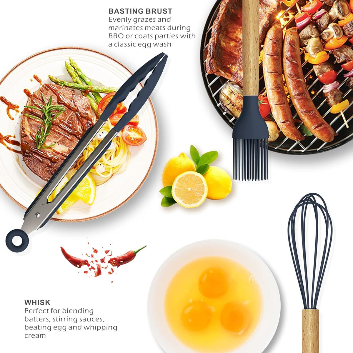 12 Pcs Silicone Cooking Utensils Kitchen Utensil Set | Heat Resistant Kitchen Non toxic Spatula Set with Turner Tongs,Spoon,Brush,Whisk-Wooden Handle - Random Color