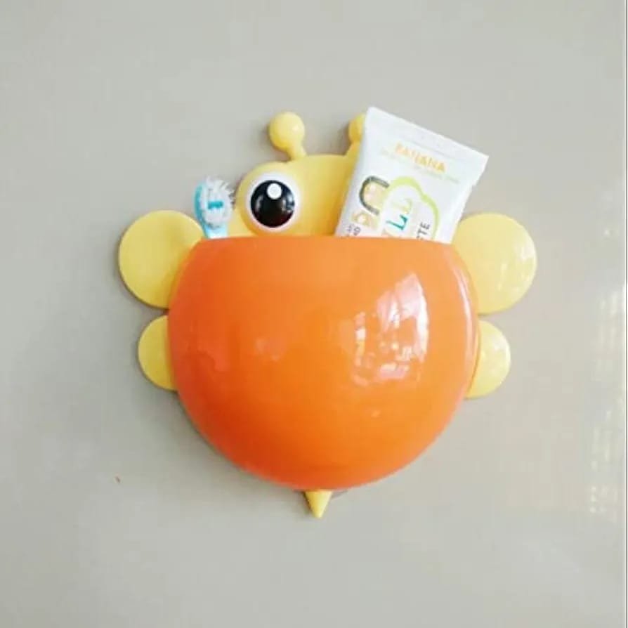 Bee Shaped Plastic Toothbrush Holder with Suction Hook – Cute Wall Mounted Toothbrush Stand for Kids &amp; Travel (Random Colors)