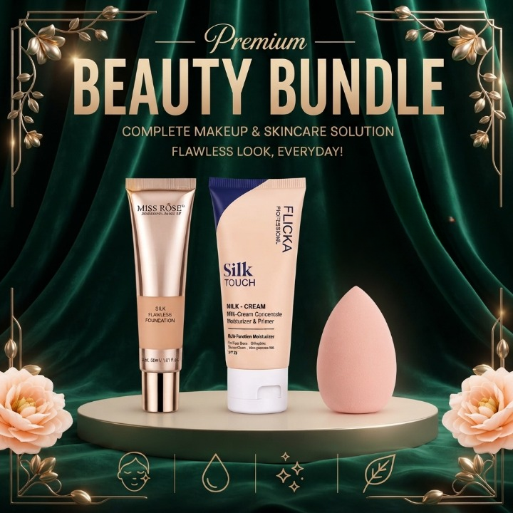 3-in-1 Makeup Trio Set | Foundation, Makeup Primer & Beauty Blender | Complete Makeup Application Kit