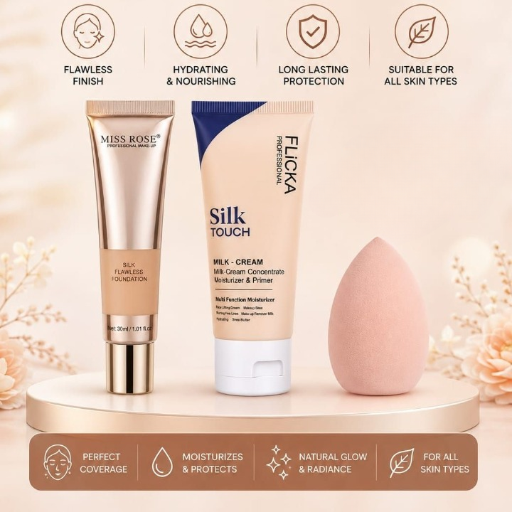 3-in-1 Makeup Trio Set | Foundation, Makeup Primer & Beauty Blender | Complete Makeup Application Kit