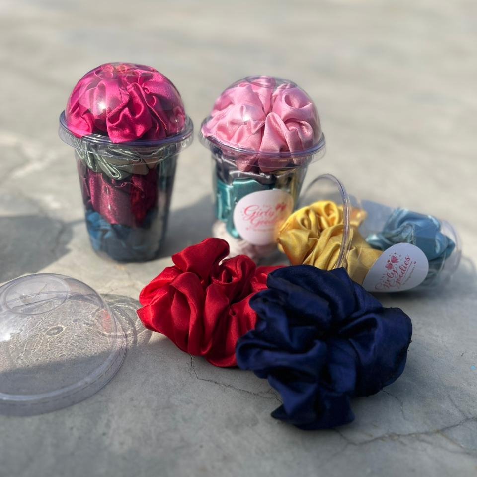 4Pc Colorful Satin Scrunchie Set In Clear Dome Lid Cups With Girly Goodies Label (Random Colour)
