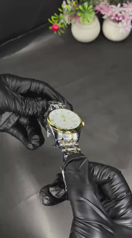 Premium Two-Tone Quartz Watch | Silver & Gold Chain Bracelet Watch for Men & Women